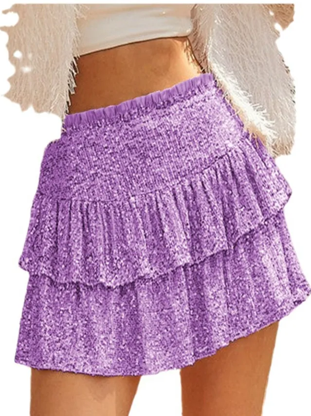 스트리트 슬레 스파이시 걸 캐주얼 스팽글 섹시 하이웨이스트 이중 레이어 러플 플리츠 케이크 스커트 여성 패션