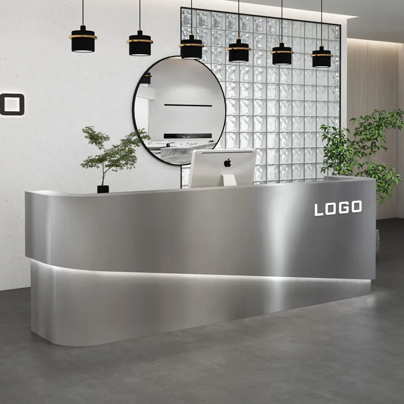 

stainless steel bar counter light luxury clothing store checkout page barber shop beauty salon reception desk curved front desk