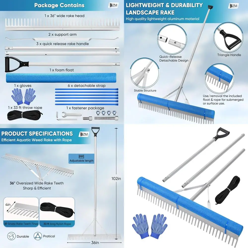 

Adjustable 36 Multifunction Weed Removal Rake with 33T Rope for Aquatic Gardening