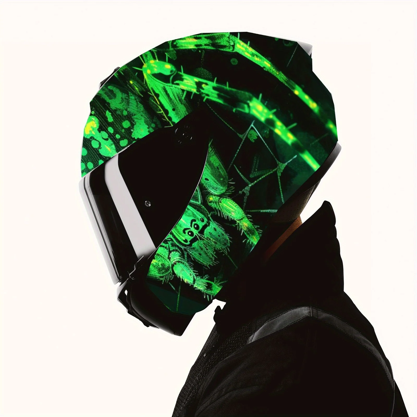 Cyberpunk Sci - Fi Green Spider Print Full Helmet Wrap Sticker Motorcycle Helmet Racing Graphic Decal Vinyl Wrap Helmet Decorati