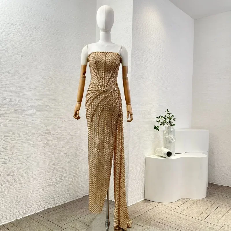 Gold Sequins Diamonds Slit Hem High Quality Irregular Hem Maxi Dresses Elegant Womens Party Dresses Christmas