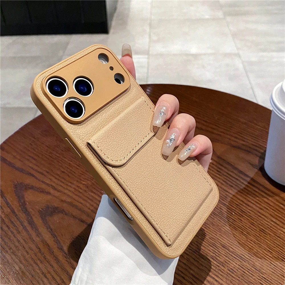 luxury Leather Card Holder Wallet Case For iPhone 11 12 13 mini 14 15 16 E 17 18 Pro Max 8 7 Plus X Camera Lens Protection Cover