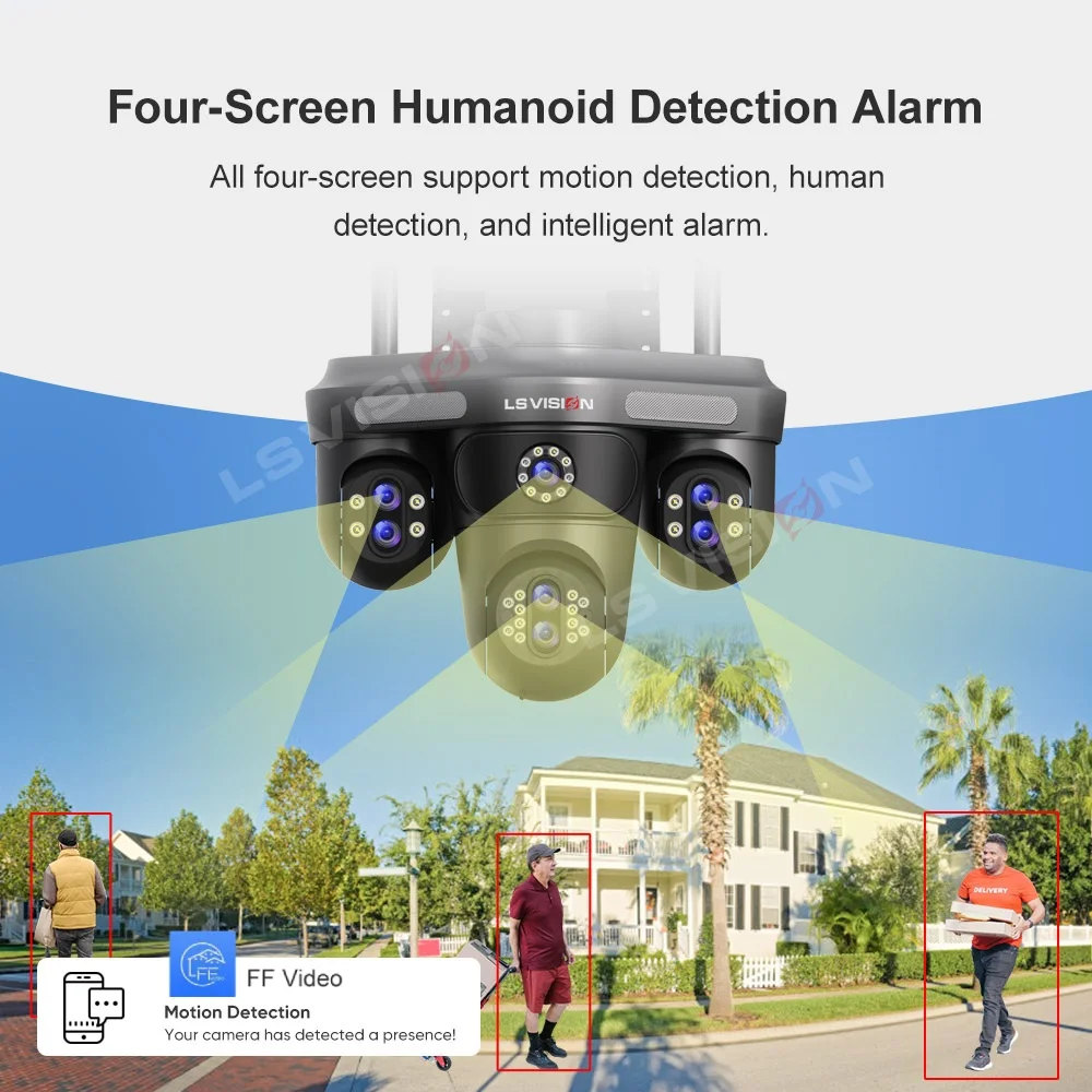 LS VISION 35MP Four Screens 10XZoom WiFi IP Camera Outdoor Three 360 PTZ Camera Auto Tracking Security CCTV Surveillance Cameras