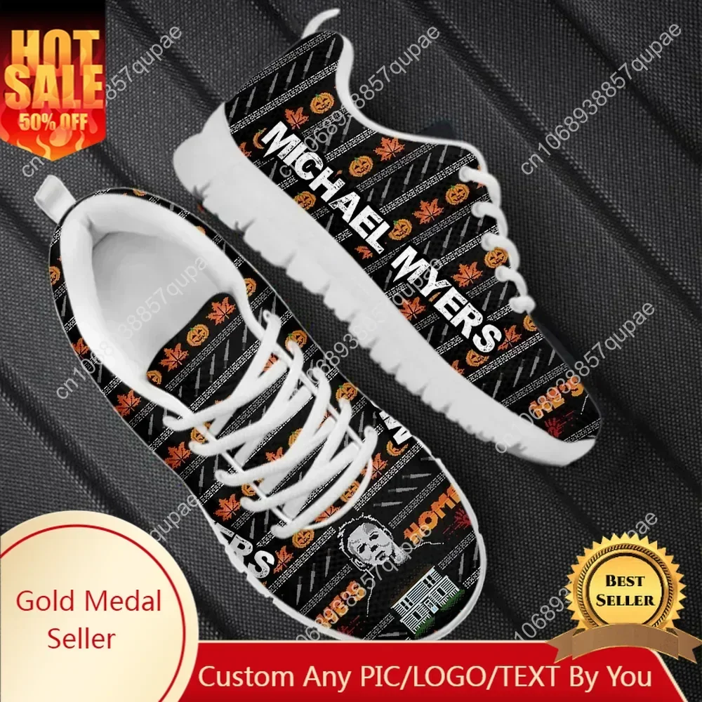 

Custom Made 2024 Halloween Flat Shoes Horror Movie Michael Myers Print Lace-up Sneakers For Women Mens Outdoor Walking Footwear