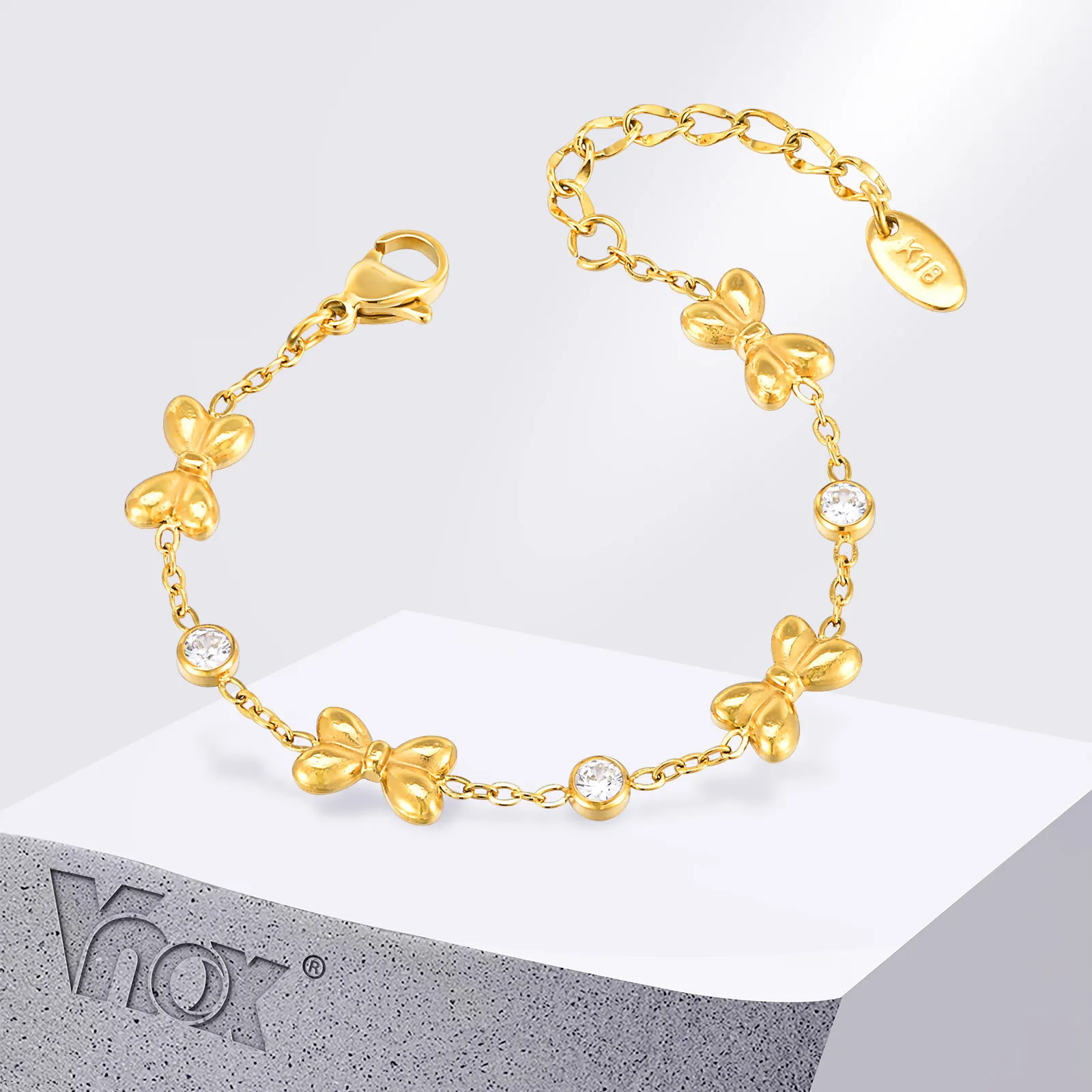 Vnox Stainless Steel Children's Bracelet For Baby Girls,Cubic Zirconia Inlay With Bow Element Chain,Cute Style Jewelry Daily