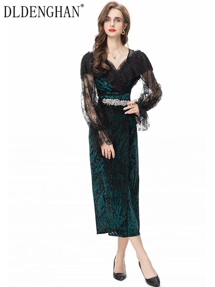 

DLDENGHAN Autumn Velvet Dress Women V-Neck Lace Flare Sleeve Crystal Belt Elegant Party Pencil Dresses Fashion Designer New
