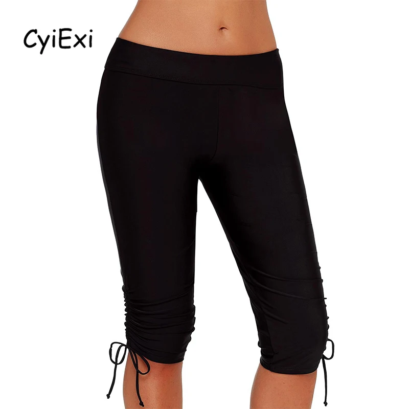 CyiExi Black Plus Size Swim Bottoms Women Side Drawstring Rash Guard Boardshort Ladies Summer Beach Surfing Swimwear Pants S-3XL