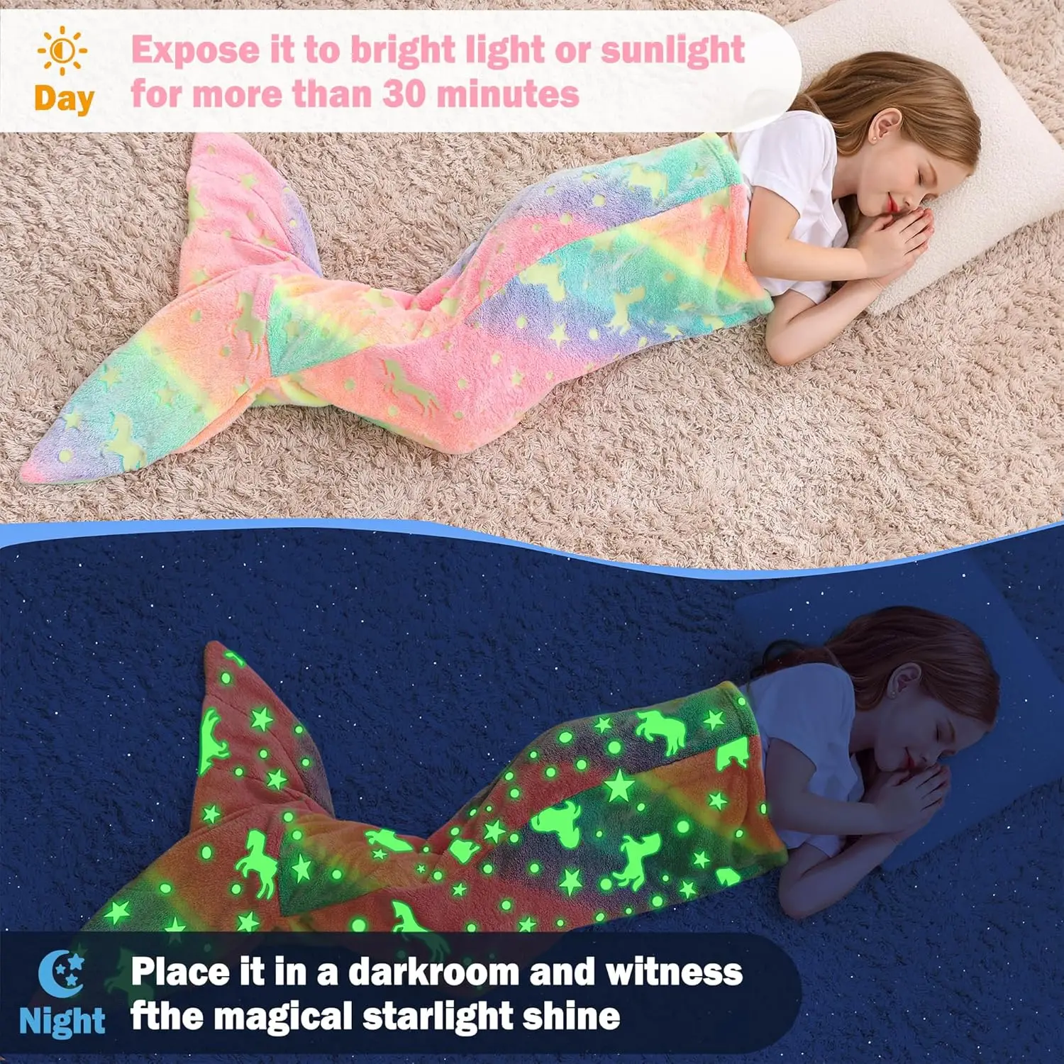 Viviland Kids Mermaid Tail Blanket  Mermaid Tail Blankets Glow in The Dark  Flannel Mermaid Blanket Gifts for Girls