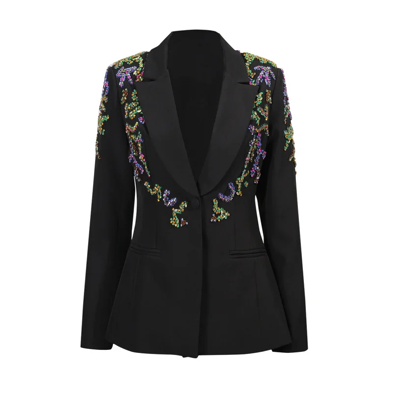 Blazer noir à perles colorées pour femmes, tenue de spectacle sur scène rétro, nouvelle collection automne 2025