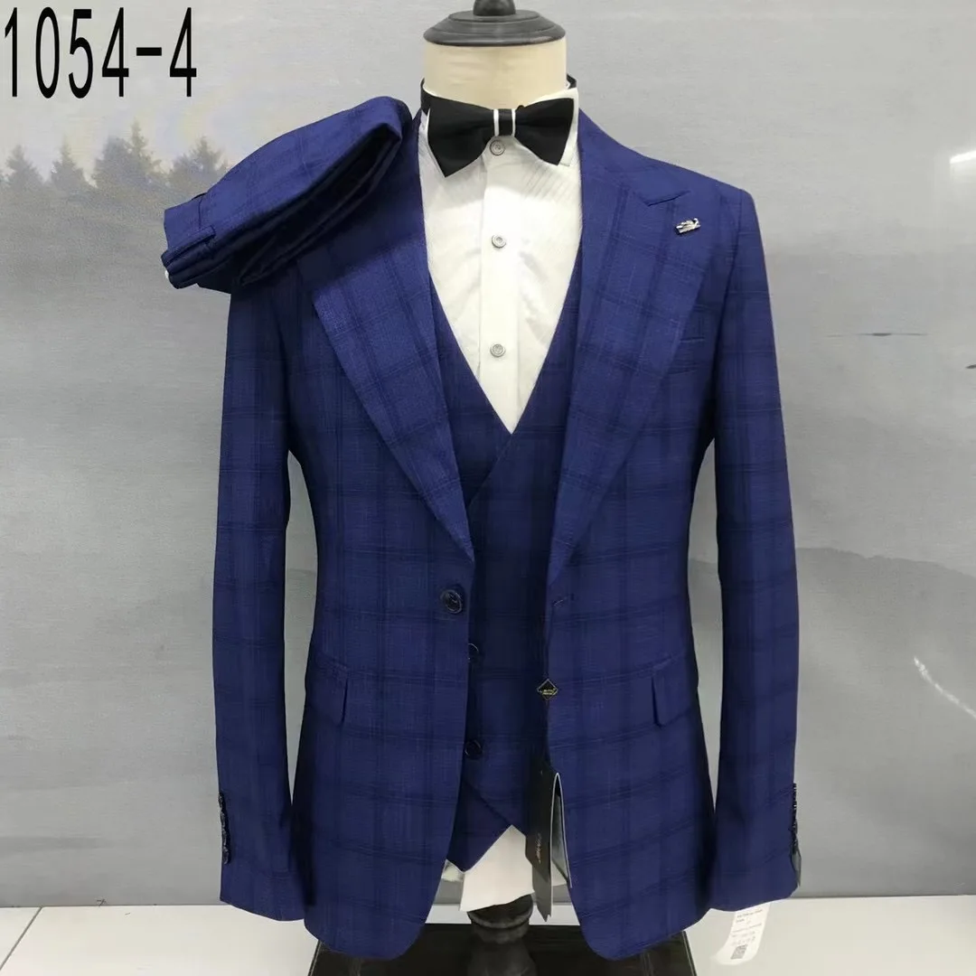 Classic Plaid Suit Sets For Men Wedding Party Groomsman Slim Fit Outfits Formal Banquet Male Elegant Blazer Vest Pants 3 Pieces