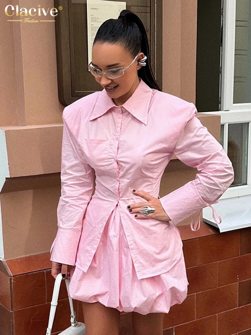 

Clacive Fashion Loose Pink Cotton Women's Two Pieces Set 2026 Elegant Long Sleeve Shirt With High Waist Mini Skirt Set Female