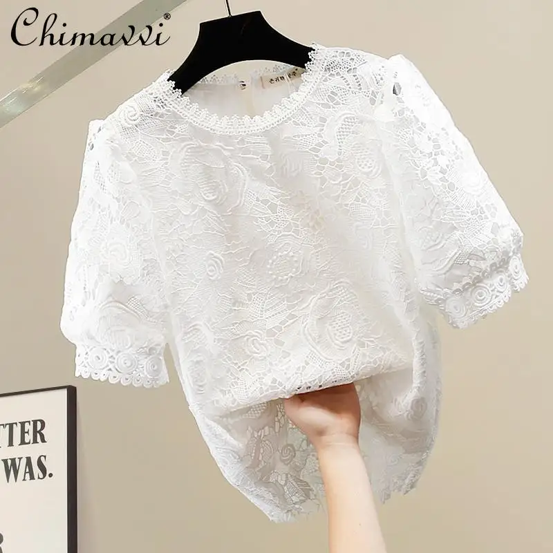 Mode Schwere Spitze Hohl Sexy Hemd Frühling und Sommer Neue Süße Blase Kurzarm Dünne Vielseitige Bluse frauen Top