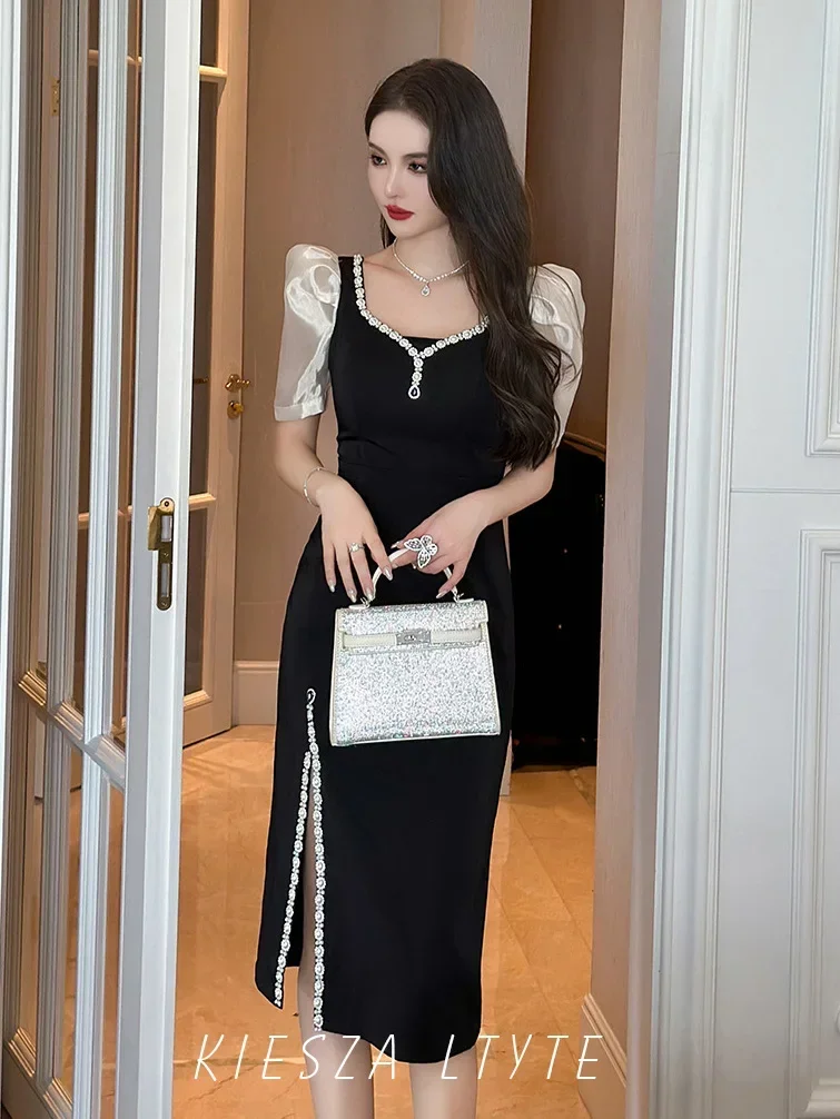 

Fashionable 2024 Summer Dress Black Slim Fit Dress with Studded Beads Sequins Puff Sleeves and Split Hem evening dresses