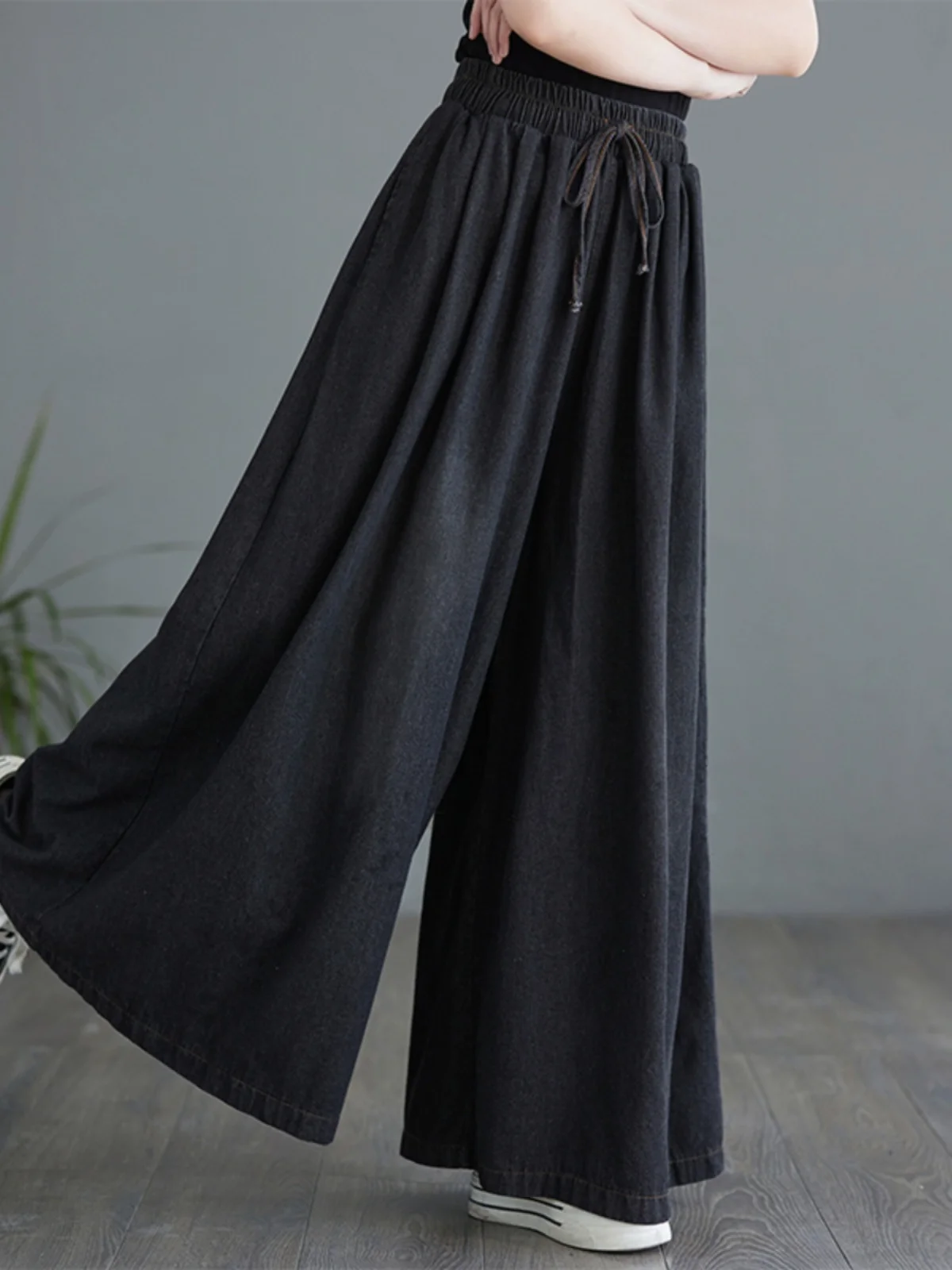 

New Waed Wide Leg Jeans Loose Fit High Waist Cotton Polyester Blend Deep Color Retro Belted Skirt Sle Trousers for plus S...