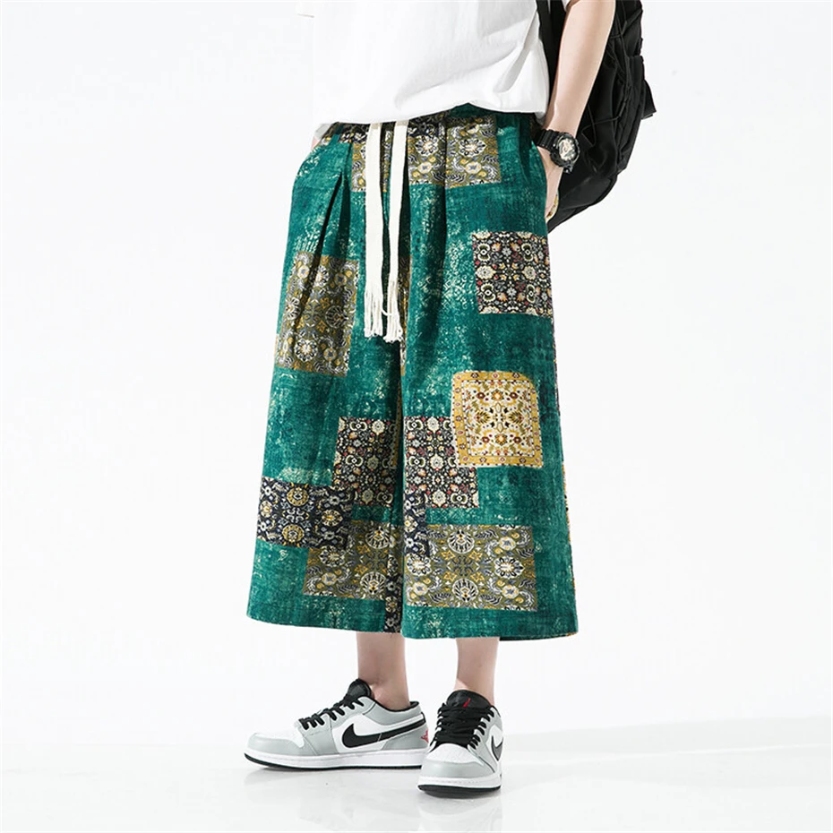 Large Size Mens Wide-leg Pant Vintage Print Ankle Length Pants Men 2025 Summer New Harajuku Baggy Linen Casual Trousers Male