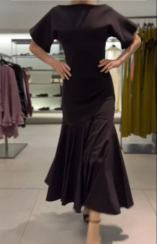 

Elegant Pleated Hem Maxi Dress for Women 2026, High Waist Slim Party Evening Gown Short Sleeve (Characters: 78)