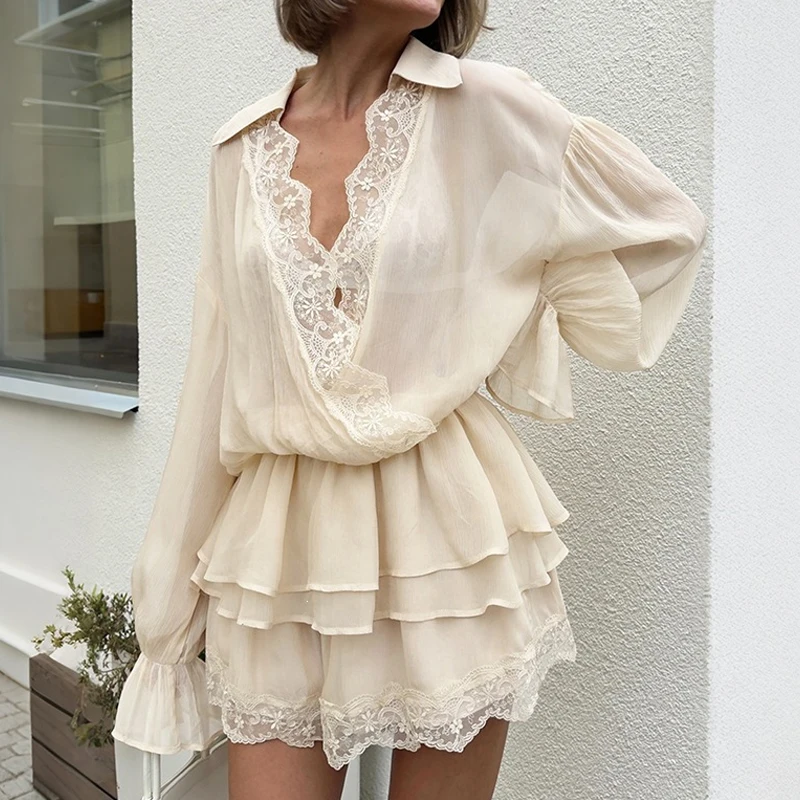 Ruffle High Waist Women Short Dress Elegant Temperament V Neck Long Sleeved Dress Lace Patchwork Design Solid Color Party Dress