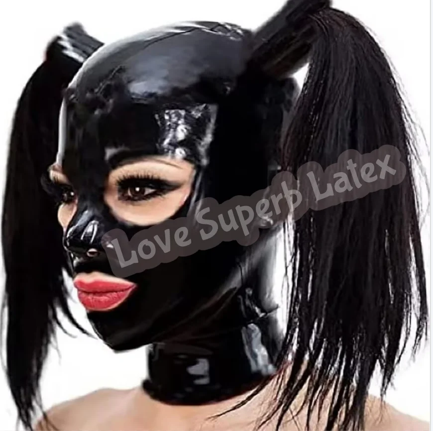 

Black Latex Hood Rubber Mask with Two Pigtail Tubes and Contrast Trim for Catsuit Cosplay Party Black Wigs
