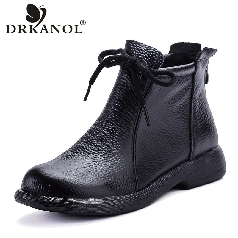 

DRKANOL 2026 Women Winter Warm Snow Boots Retro Style Genuine Cow Leather Flat Heel Back Zipper Soft Comfort Plush Cotton Boots
