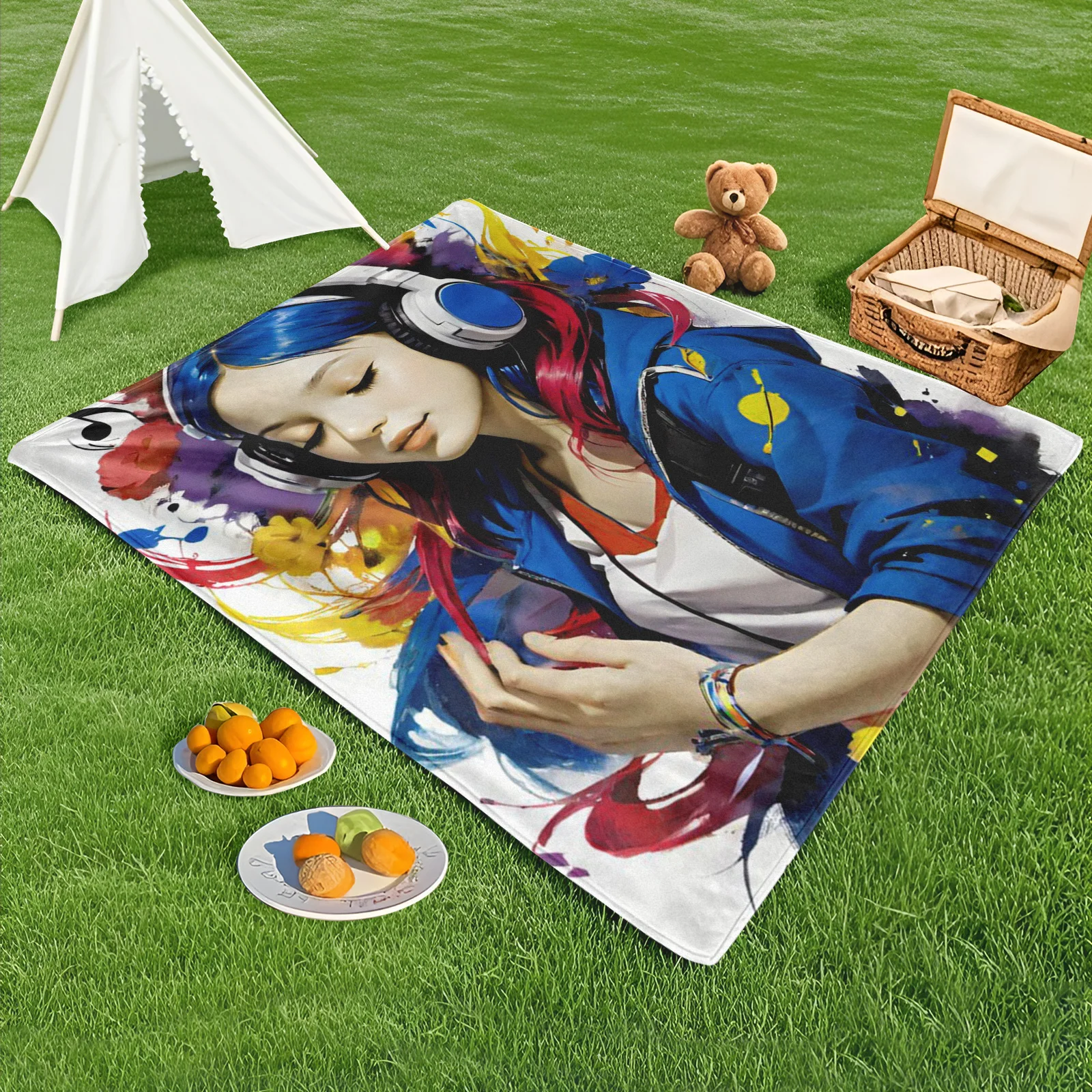 

White Blue Red Headphone Design Outdoor Blanket For Picnic Camping And Beach Activities