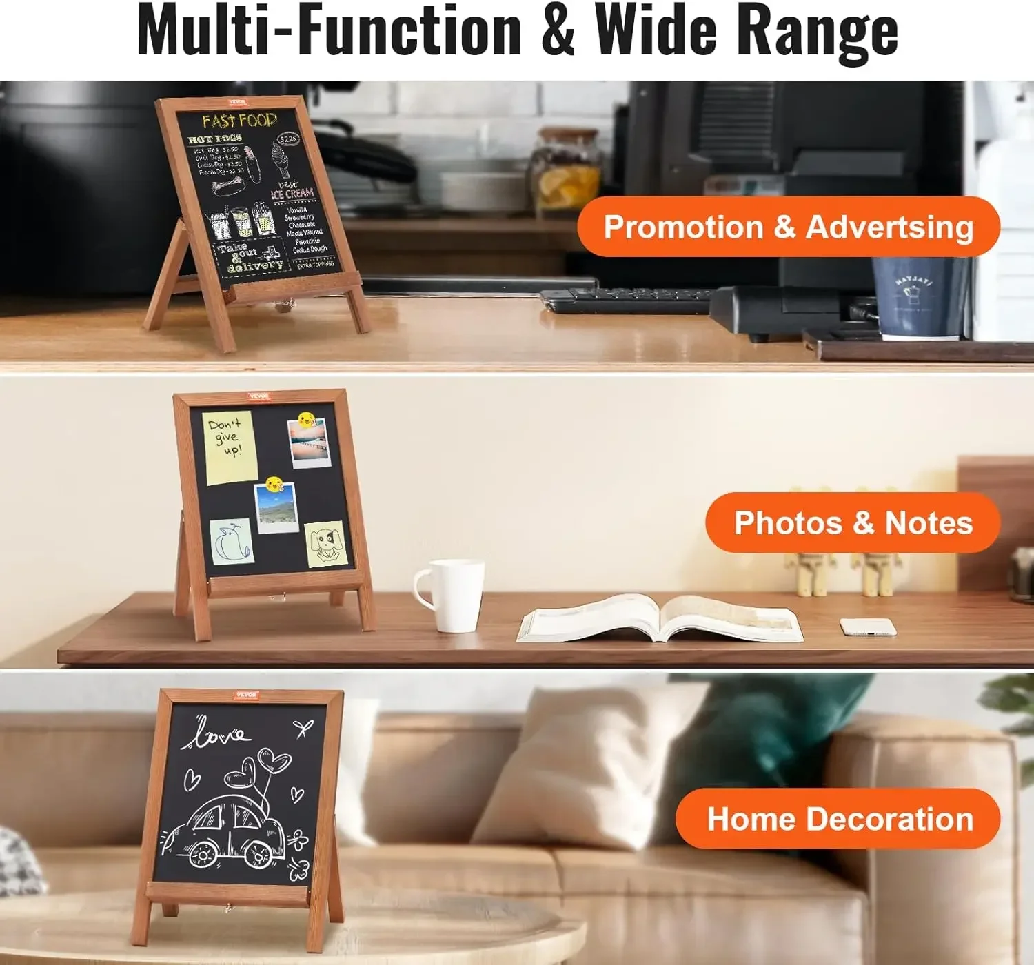 Tabletop Chalkboard Sign, Message Signs with Chalks, Freestanding Framed Memo Board, Vintage Wooden Magnetic Chalk Board, Rustic