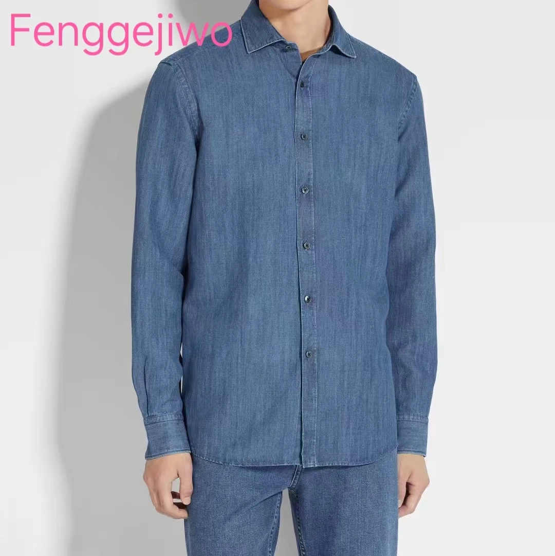 

Fenggejiwo Men's Cotton Linen Tencel Blended Water Washed Blue Denim Shirt