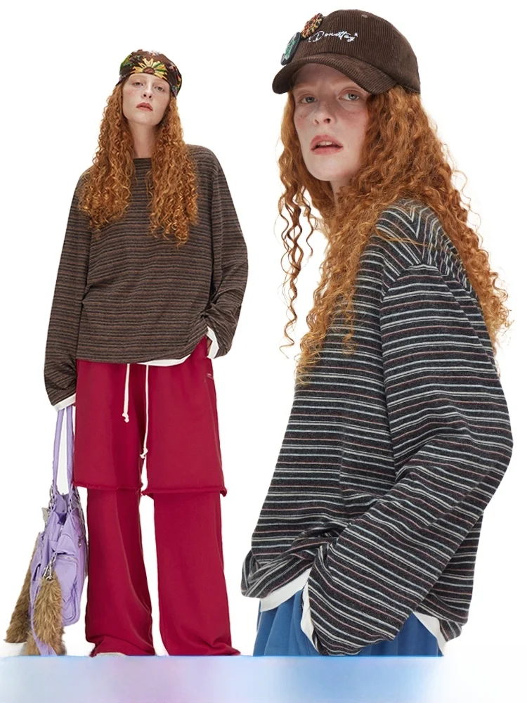 

Повседневная свободная футболка с длинным рукавом и круглым вырезом в полоску, женская, удобная, дышащая, универсальная, базовая, однотонная.