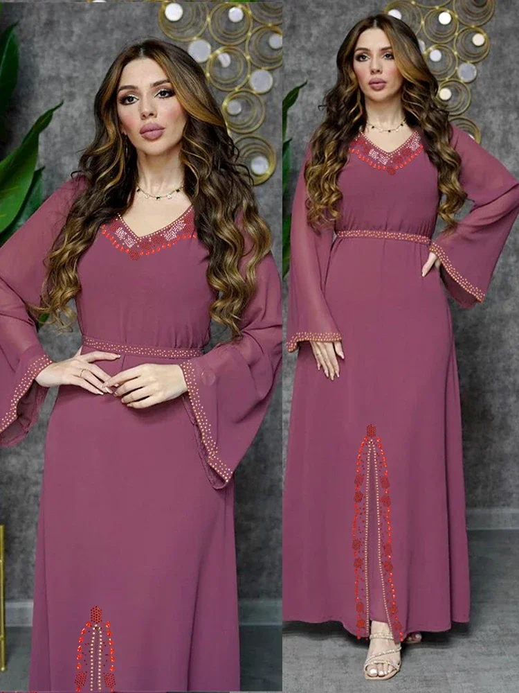 Eid Diamond Party Dress Women Muslim Abaya Chiffon Ramadan Dubai Morocco Abayas Kaftan Elegant Robe Vestidos Turkey Gown 2023