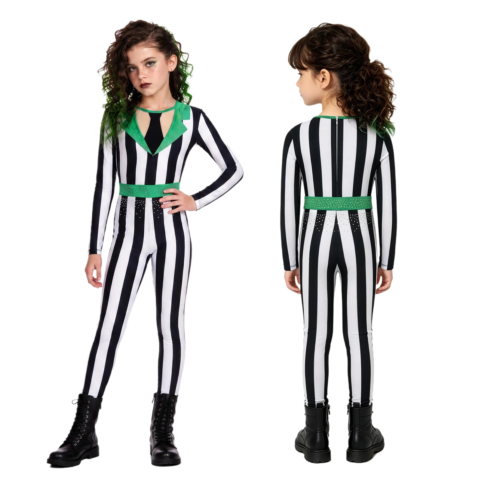 Kids Color-blocked Stripe Magician Jumpsuit Girls Shiny Rhinestone Jazz Disco Dance Full Length Bodysuit Rave Carnival Costume