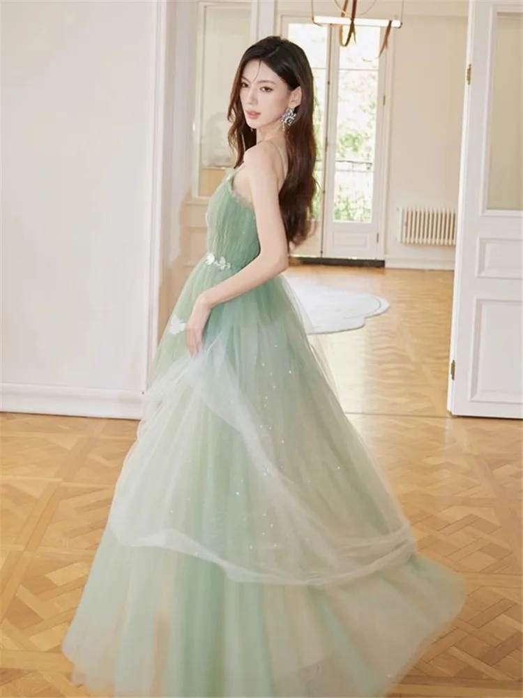 Dress Green Bow Patchwork Halter Long Skirt Temperament Evening Gown Women Clothing M027