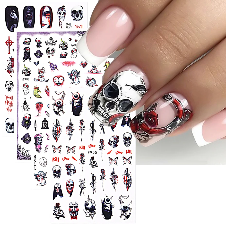 4pcs Halloween Nail Stickers Blood Hand Heart Scar Skull Self-adhesive Sliders Japanese Horror Anime Nail Decals Manicure Decor
