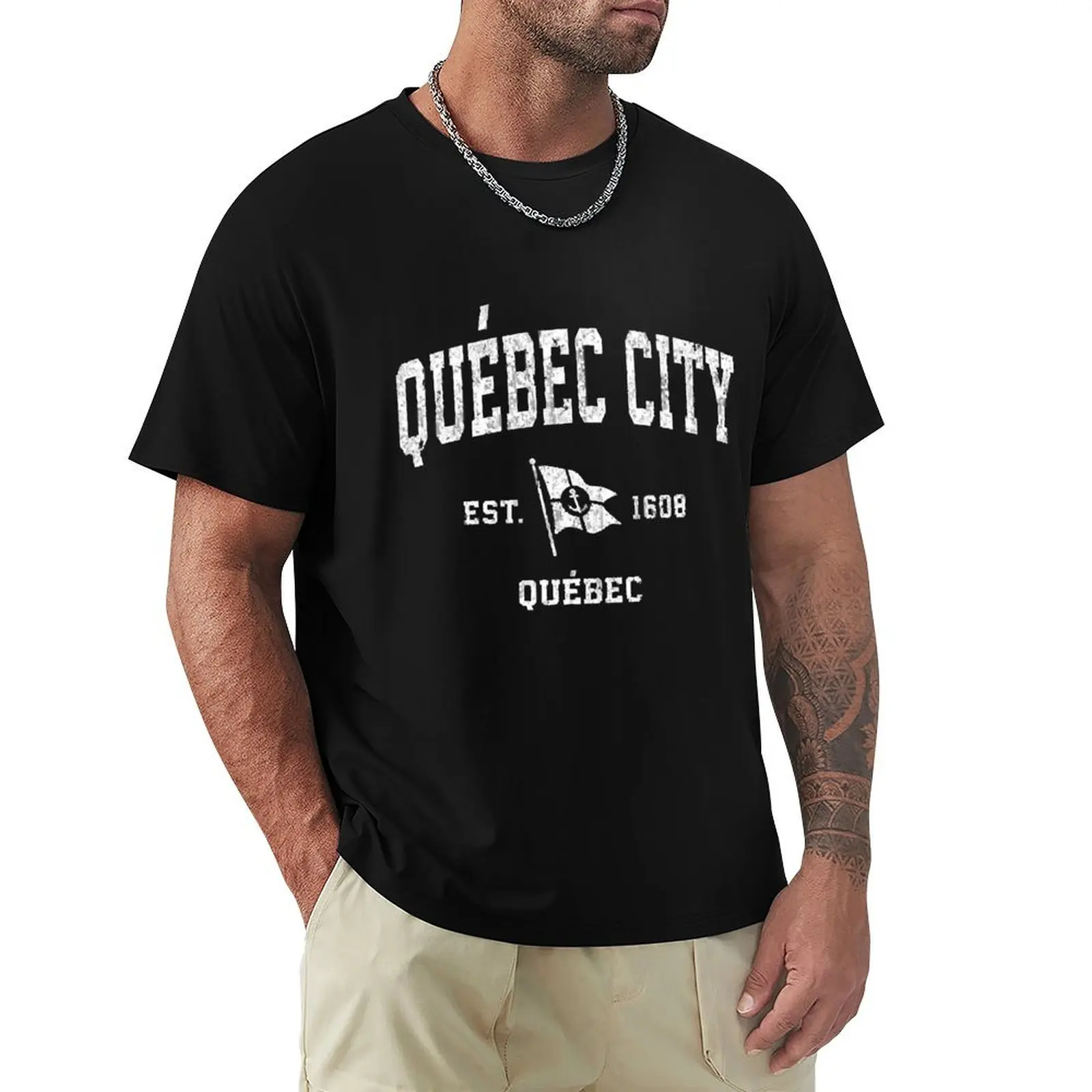 

Quebec City Canada Vintage Nautical Boat Anchor Fl T-Shirt croswit shirt man korean fashion funny t shirts men