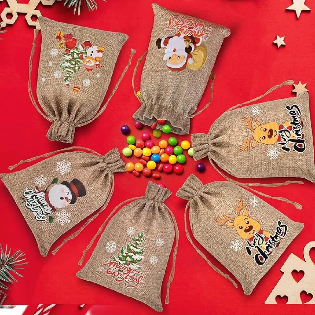 

12 шт. 13x18 см, рождественские льняные подарочные пакеты на шнурке, мешковина, ожерелье, серьги, браслет, сумки для хранения ювелирных изделий, рождественская подарочная упаковка