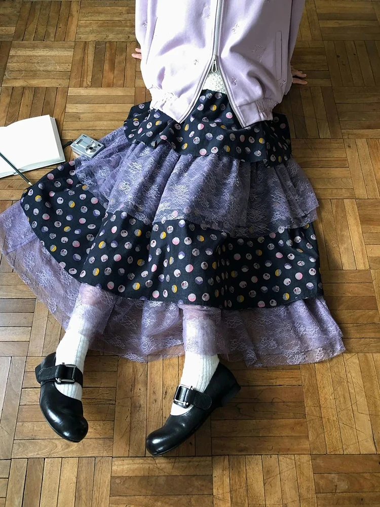 

Japanese Sweet Midi Skirt Women Kawaii Print Ruffled Vintage Casual Cake Skirts High Waist Patchwork Purple Cute Female Skirt