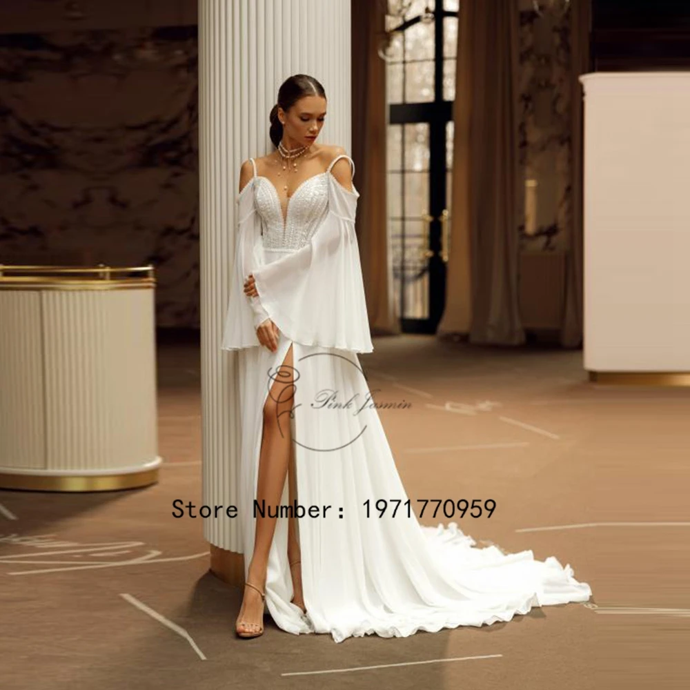 

Boho Spaghetti Straps Full Sleeves Wedding Dress For Women Chiffon Side Slit Lace V Neck Illusion Long Bridal Gown Open Back