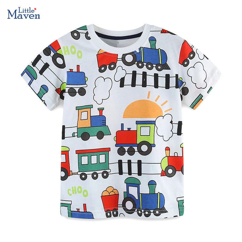 Little maven 2024 New Cartoon Train Print Pullover Casual Tops Boys T-Shirts Cotoon Comfort kids Clothes Baby Boys Summer Tees