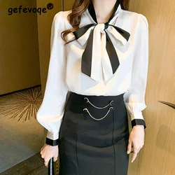 New Fashion Female Elegant Bow Tie Basic White Blouse Chiffon Casual Shirt Office Ladies Summer Sweet Oversize Blouses for Women