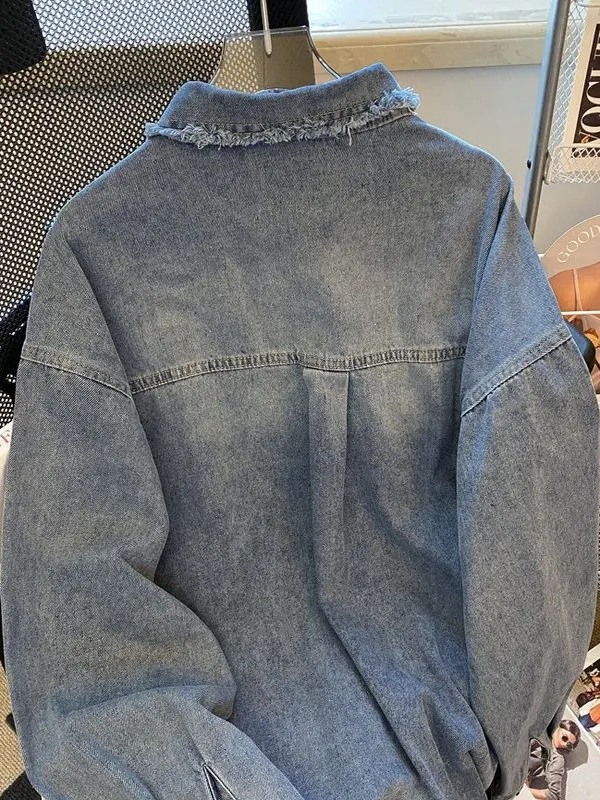 Large Size Vintage Distred Denim irt Jaet Women Loose Lazy Design Sense Top Long Sve Korean Sle Pure Color