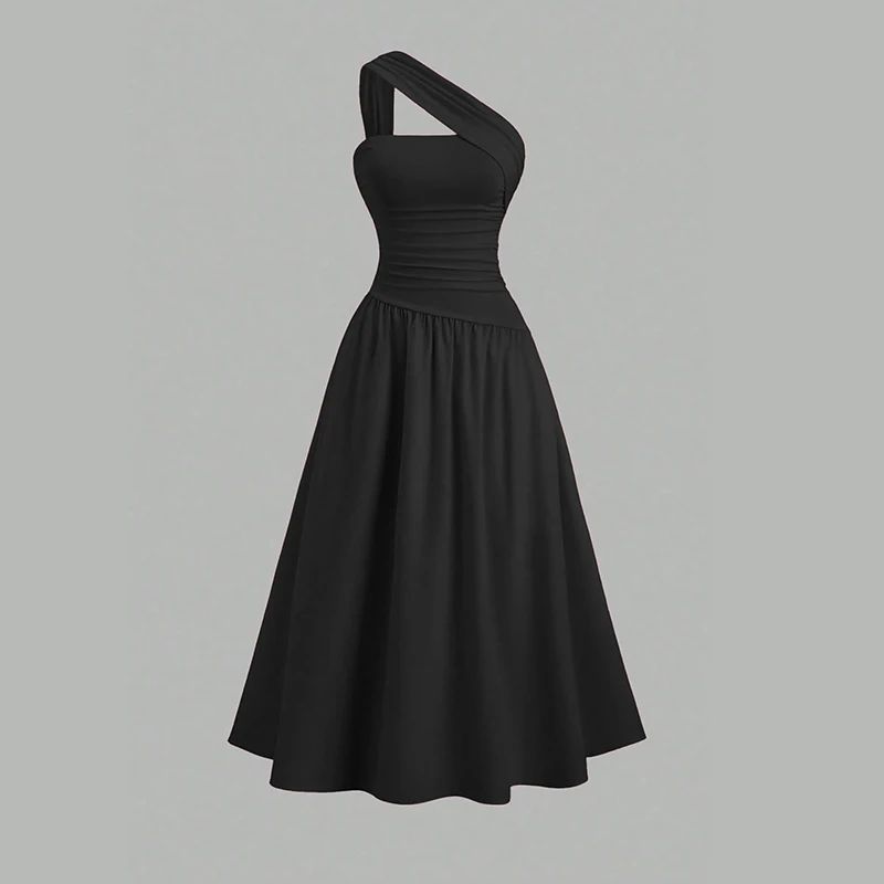 

Women's Fashion Sexy Sloping Shoulder Collar Sleeveless Dress with Pleated A-line Waist Cinching Dress