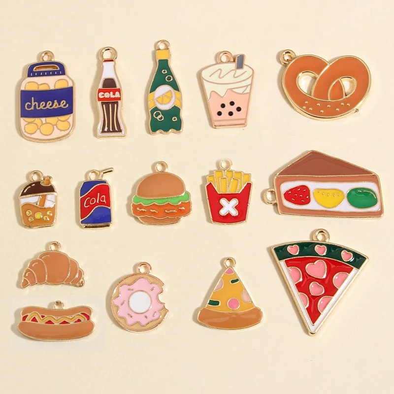 10pcs Gold Color Mix Cute Enamel Hot Dog Cheese Charms Bread Food Drink Pendant Fit DIY Handmade Jewelry Making Finding Supplies