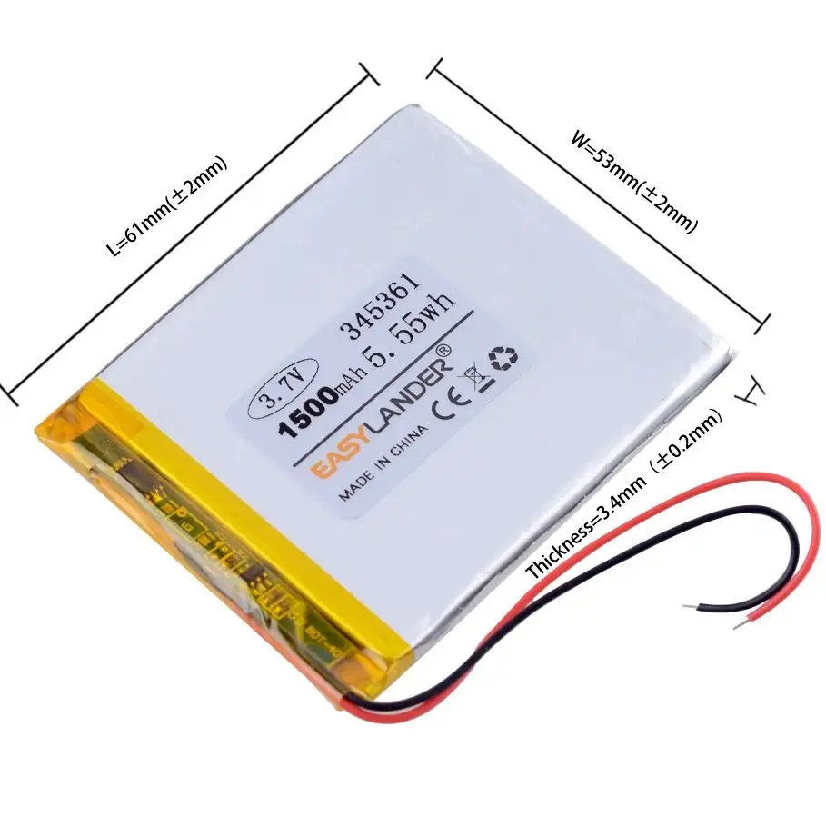 Batterie Lithium-ion Lipo Rechargeable, 3.7V, 1500mAh, 345361, 355360, Eddie, Polymer, Convient pour régule 3, régule 4, régule 5, DIY PAD, E-book, Enregistreur de Conduite