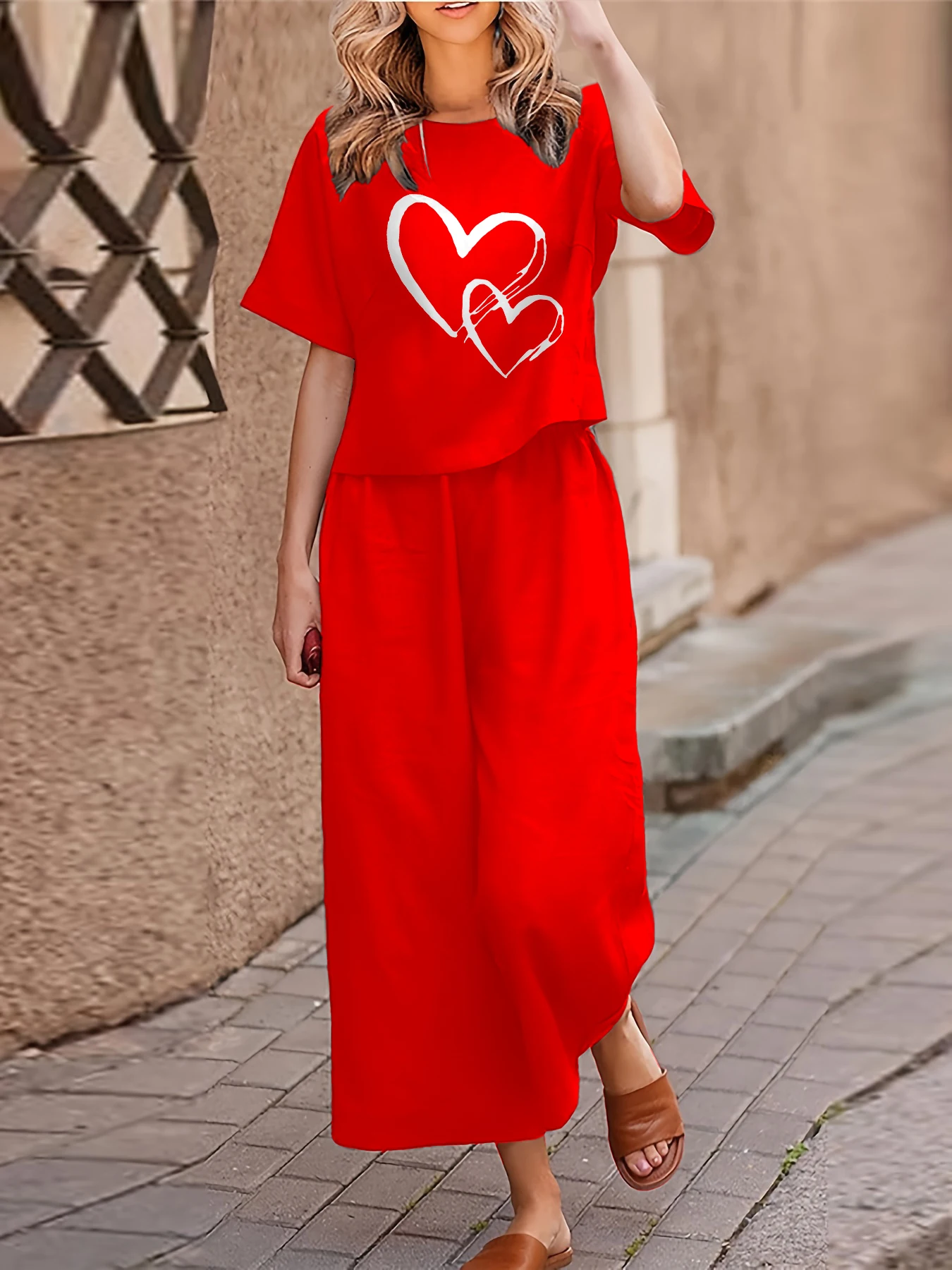 

plus size Women's Casual Two-piece Set suit Printed Short-sleeved T-shirt Trousers Two-piece Set Loose Crewneck