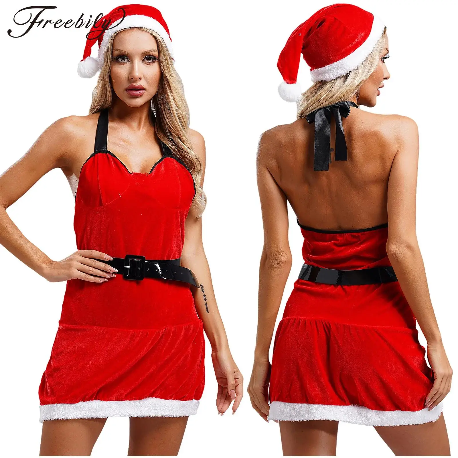 Women Christmas Santa Claus Cosplay Costume Sleeveless Halter Mini Velvet Dress with Belt Xmas Hat for New Year Party Halloween