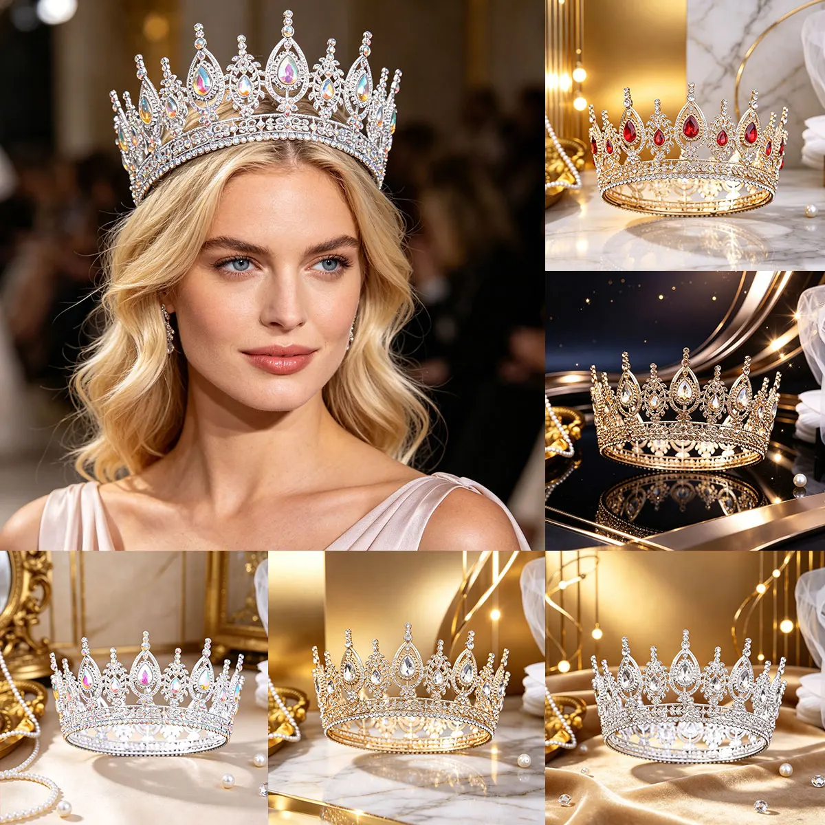 Luxury Round Crystal Tiara  Multi-Color Option Bridal Crown  Elegant Hair Jewelry for Wedding & Photoshoot