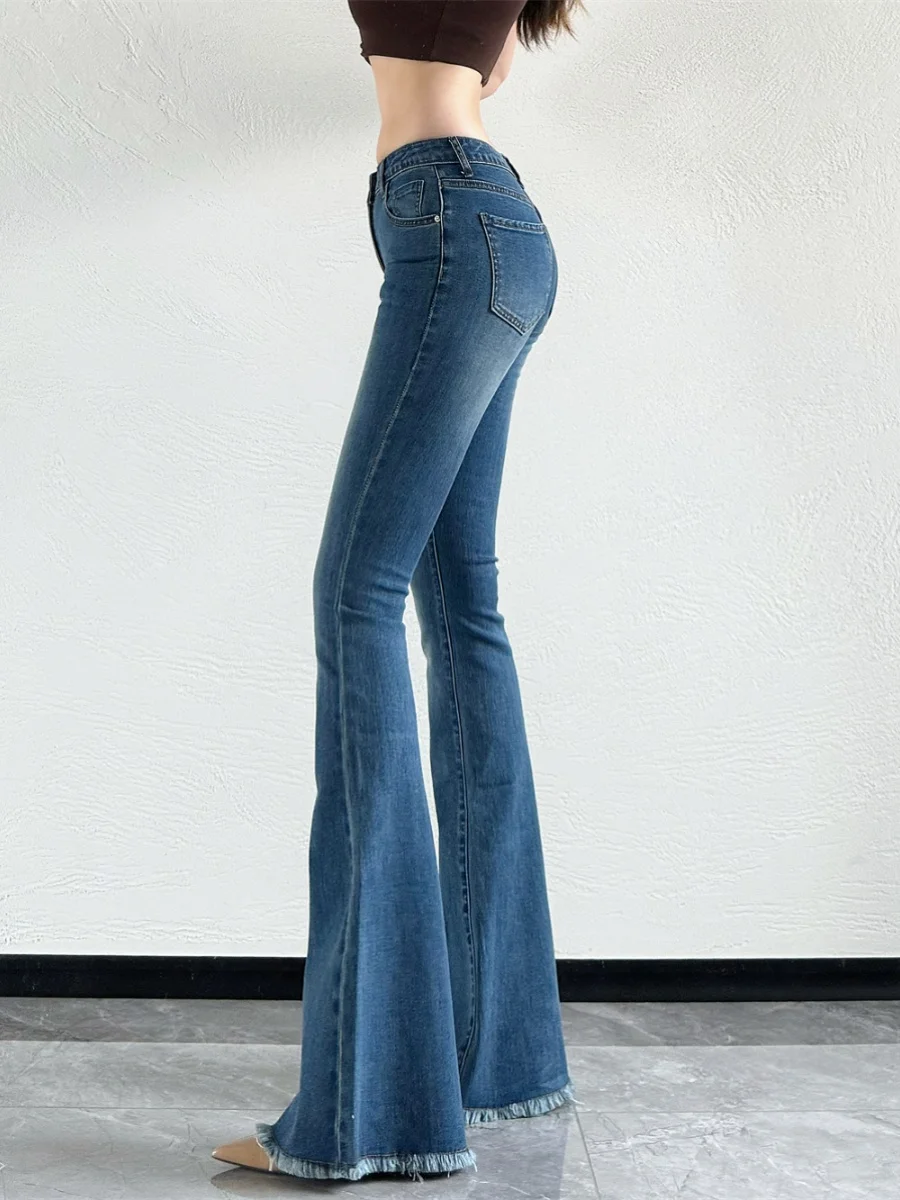 Deep Blue Low Waist Fringed Denim Flared Pants Women 2024 Spring/summer New Lift Buttocks Niche Retro Slim Long Pants AYHU