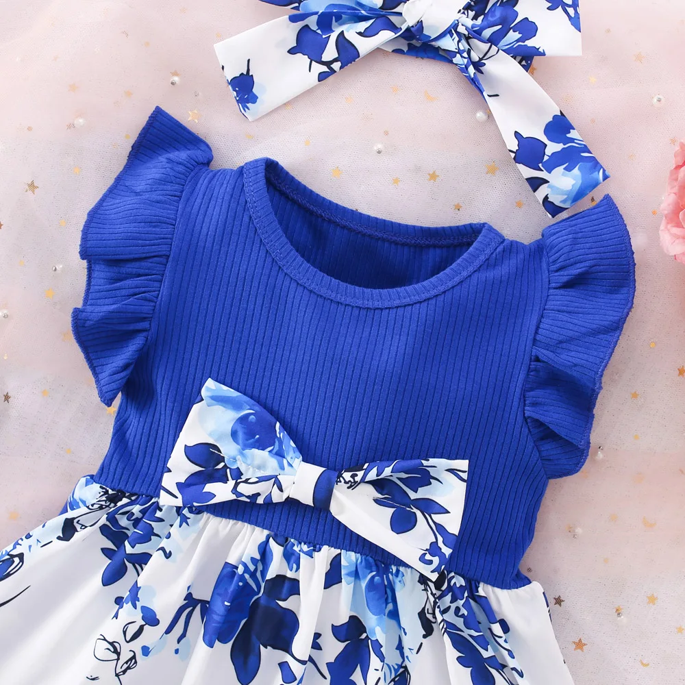 Summer New Blue Bow Baby Girl Dress, Fashionable Children\'S Clothing With Free Hairband (6 Months -3 Years Old)