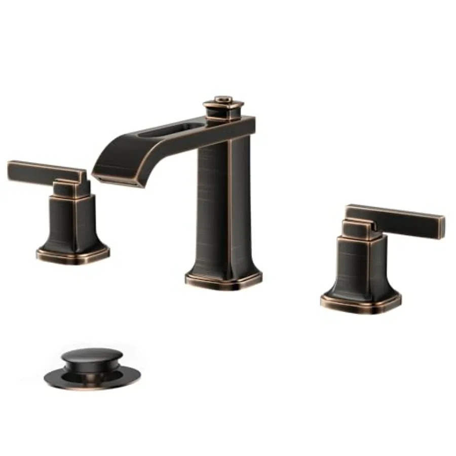 

3 Hole Oil Rubbed Bronze Bathroom Faucet 8 Inch Widespread Vanity Faucet with Metal Pop Up Drain and Unique Waterfall Design