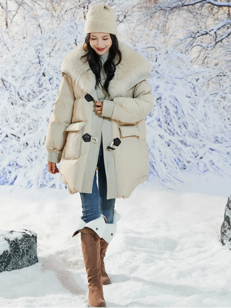 Women\'s Mid-Length Puffer Jacket, Loose, Thickened, Warm, Parker, Lapel, Fur Collar, Retro, Down Jackets, Winter, New, 2024
