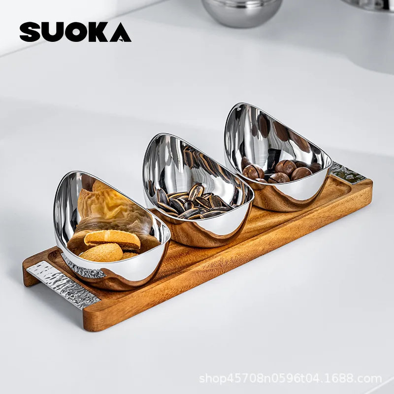 Stainless Steel Snack Bowl with Wood Base Decorative Nut Dish for Living Room Cafe Hotel Dessert Serving