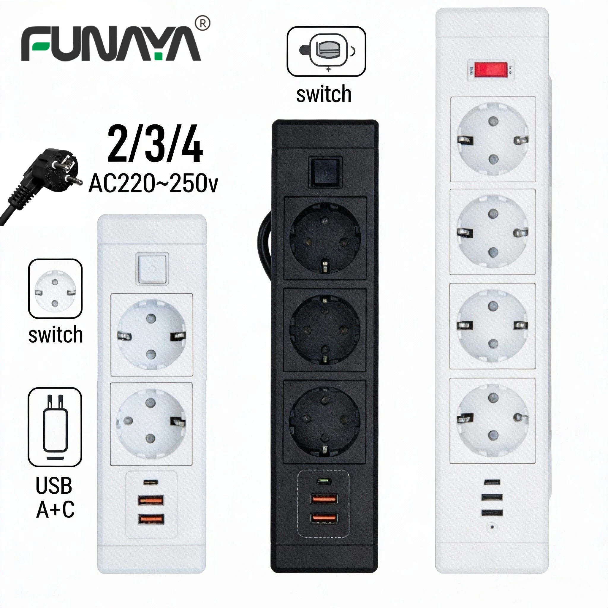 

FUNAYA EU KR Built-in Table Desktop Socket with USB Type-c Hidden Power Recessed Desktop furniture Outlets Extension Cord AC250V